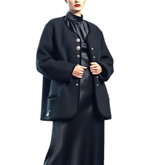 Vintage Sweaters - Vtg 80s 90s Canadian made trachten style black boiled wool duck cardigan jacket